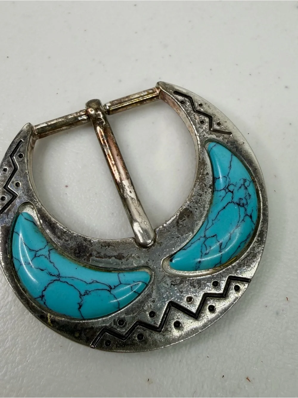 Vintage Silver Metal Turquoise Inlay Belt Buckle Western Boho